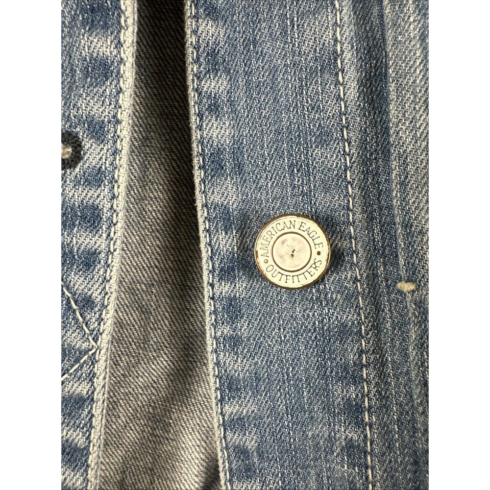 American Eagle Jacket Women's Small Blue Denim Trucker Distressed Button Front - Picture 7 of 8
